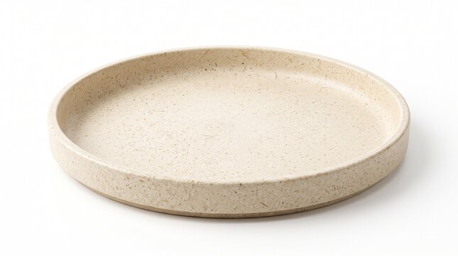 Minimalist ceramic plate with speckled texture, beige stoneware dinnerware for modern dining, empty round porcelain tray isolated on White Background