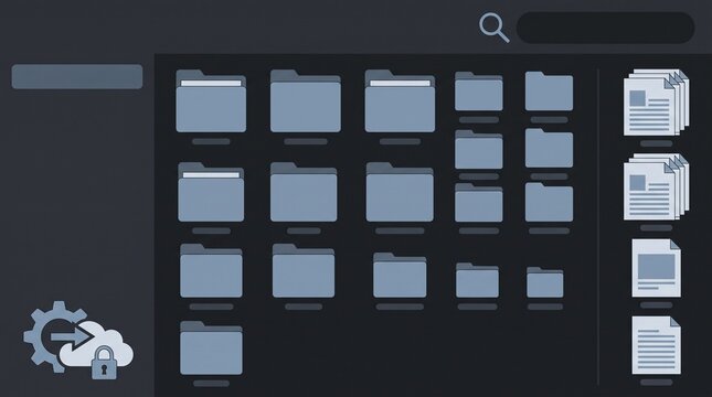 Digital file organization interface with folders and documents.