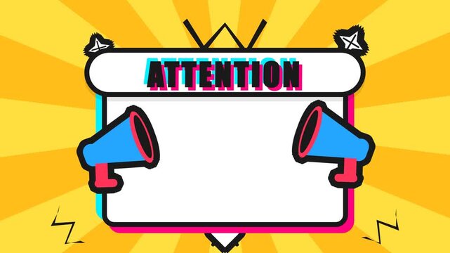 A vibrant yellow burst frame featuring dual blue megaphones highlights the word attention to grab viewers for essential public service messaging while promoting major promotional sales and big