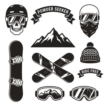 An artistic collection featuring snowboarding gear, mountains, and winter elements, symbolizing adventure, thrill-seeking, and the lifestyle of snow sports enthusiasts in a creative way.