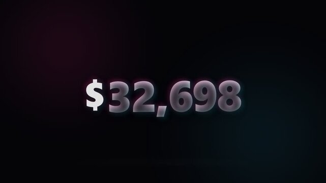 A shiny digital numeric display shows the specific financial value of thirty two thousand six hundred ninety eight dollars as a glowing representation of economic growth within a darkened