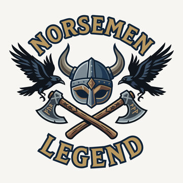 A captivating logo featuring Norse mythology elements such as axes and a helmet, representing bravery and legendary tales of Norse warriors, suitable for themed media.