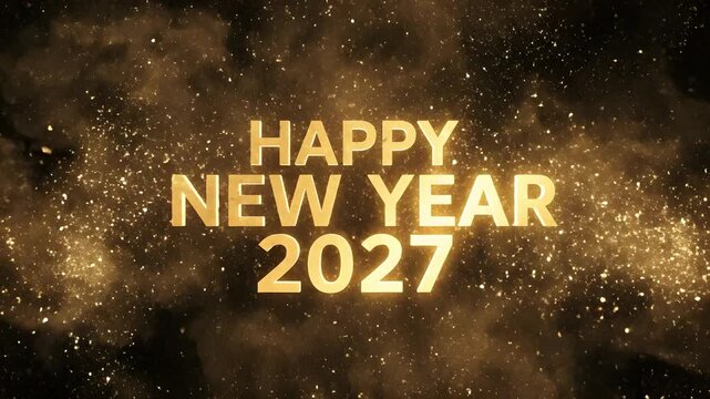HAPPY NEW YEAR 2027 text emerging from a bright golden smoke explosion with glowing glitter dust, for holiday event intros