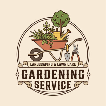 This vintage-style logo features gardening tools and a wheelbarrow, representing quality landscaping and lawn care services with a harmonious touch of nature.