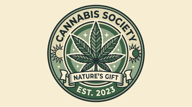 This image showcases a stylish logo for a cannabis society, featuring a prominent cannabis leaf, sun and moon elements, and a vintage aesthetic established in 2023.