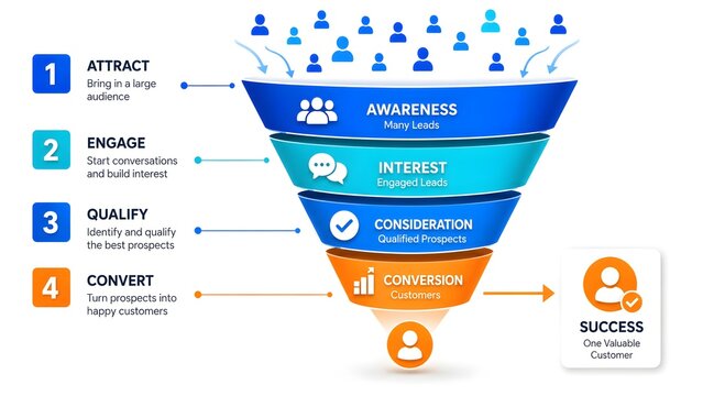 Sales funnel infographic diagram with attract engage qualify convert stages representing customer journey strategy