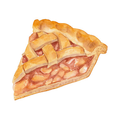 Watercolor Slice of Apple Pie with Lattice Crust, Illustration for Fall Cafe Menu