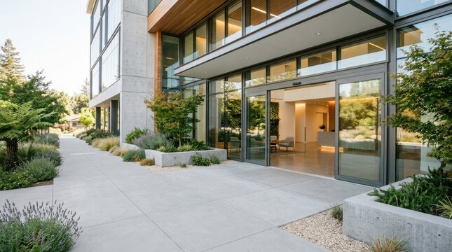 Modern building entrance with wide flat concrete pathway and open automatic doors. Step free access and inclusive architectural design concept
