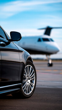Black luxury limousine with private white jet plane at airport runway, premium executive escort and VIP transport concept
