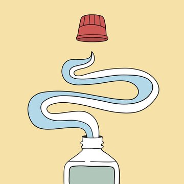 Retro poster featuring a toothpaste tube; a flat illustration on a yellow background; a hygiene poster about the need to brush one's teeth.