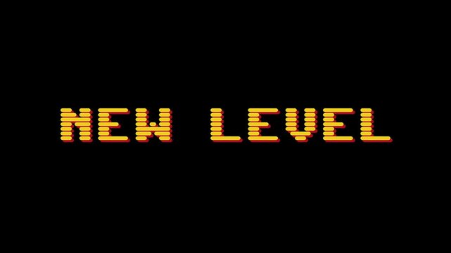 Retro Video Game Achievement Displaying 'New Level' in Golden Pixelated Font on a Black Background with a Distinct 8-Bit Aesthetic