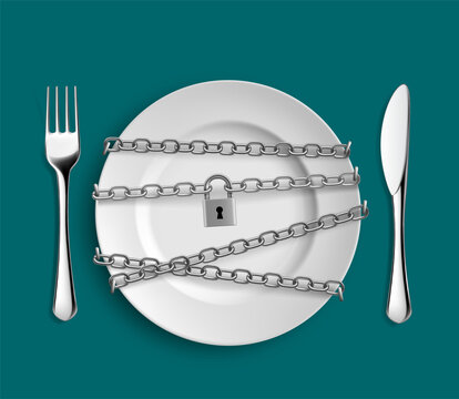 Empty plate with metal chain and lock around. Vector illustration