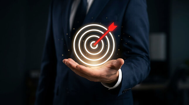 Businessman holding a glowing target icon with a bullseye arrow for business goal