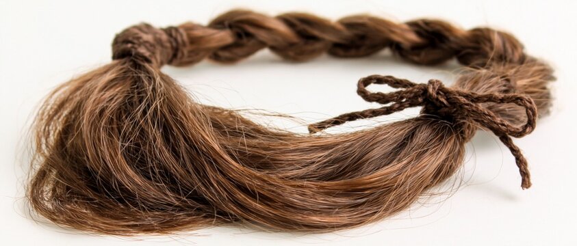 A brown hair extension featuring a braided top loop and loose strands tied with a knot against a white background.