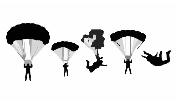 Skydiver and parachute silhouette collection with diverse aerial poses extreme sport vector