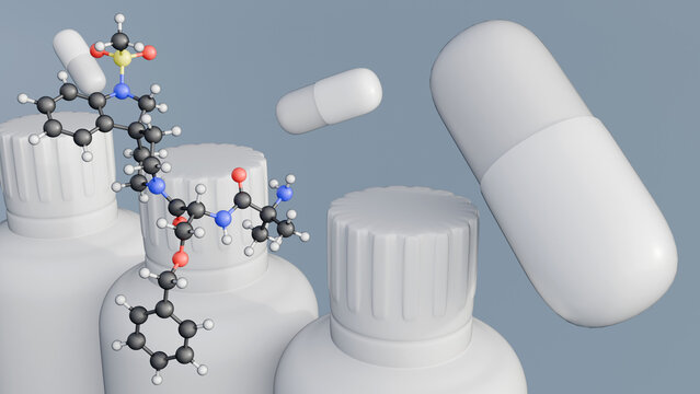 3d "IBUTAMOREN" letter blocks alongside a capsule, pharmaceutical bottle, and chemical structure. A pharmacological research, supplement packaging, and drug delivery.