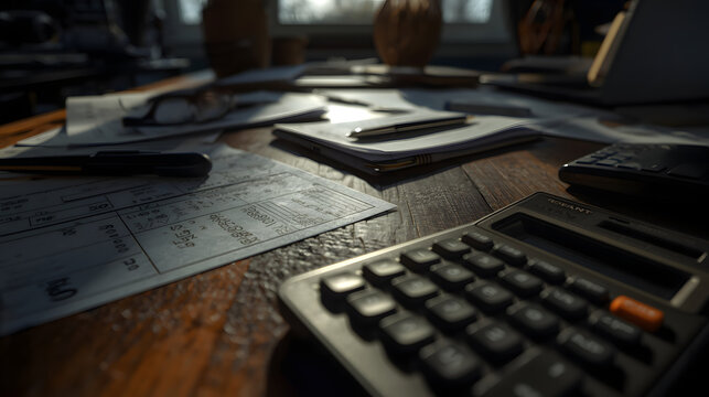 Finance and Calculation: A close-up of a desk with documents, a calculator, and pens, illuminated by warm light, suggesting financial planning or accounting work.