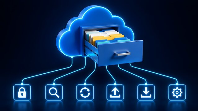 3D glowing cloud computing server with open drawer and digital file management network icons on dark blue background