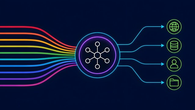 Colorful glowing data streams connecting through central network hub to digital web storage and user icons