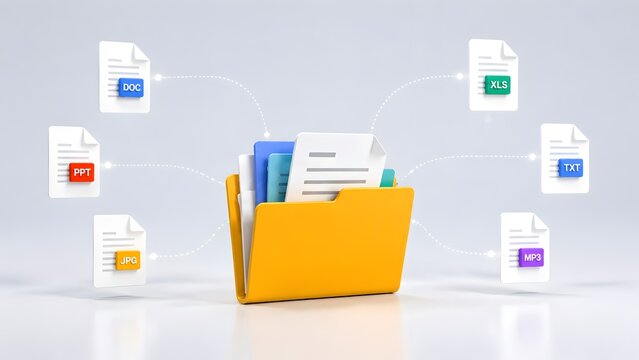 Yellow folder with floating digital document files and format icons document management system and data organization concept