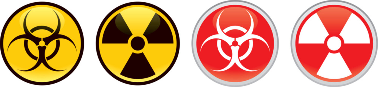 Biohazard and radiation warning signs, circular hazard symbol set in yellow and red, toxic waste and radioactive threat vector icons
