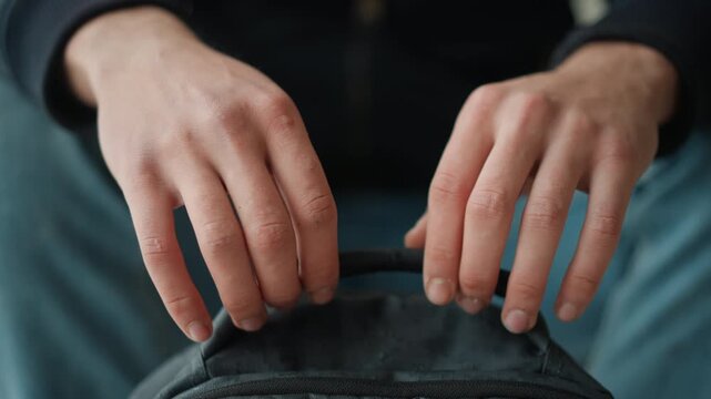Close up of hands gripping black fabric bag handle showing texture detail and soft lighting. Hands remain steady on backpack throughout with no significant movement or change in position
