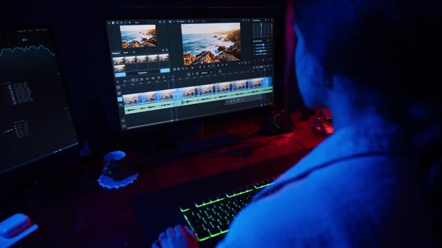 Video editor working at night on a computer editing a travel movie