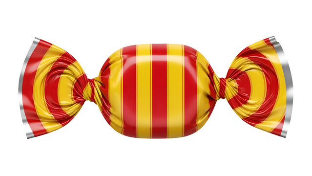 Single candy wrapped in red and yellow striped foil