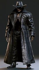 Fototapeta premium Undead skeleton figure standing upright, dressed in a black leather duster coat, matching cowboy hat, pants, boots with spurs, and a chain necklace, depicting a dark fantasy or western horror theme