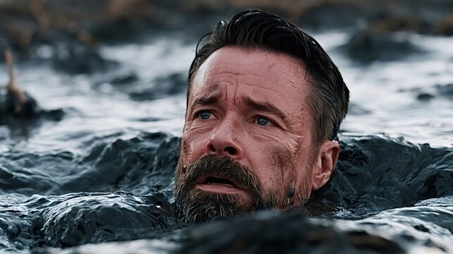 Bearded man fighting to keep his head above thick dark mud and water, face etched with fear and desperation as he struggles alone in a swampy, urgent survival crisis