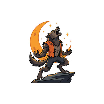 Cartoon werewolf stands howling against a crescent moon vector illustration