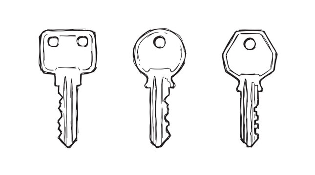 Hand drawn house keys set, black and white sketch of 3 metal door keys, minimalist security icons for real estate and locksmith services
