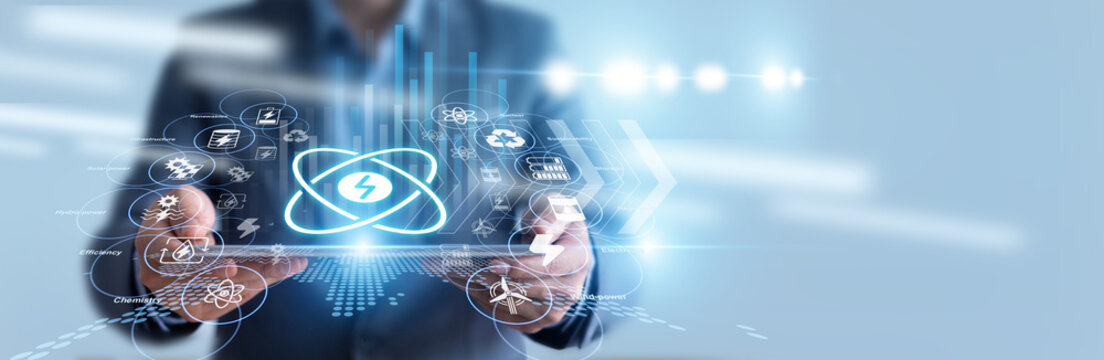 Sustainable engineer hold tablet and monitors solar grid output using advanced Energy Technology, analyzing renewable power distribution algorithms to maximize efficiency and reduce carbon waste.