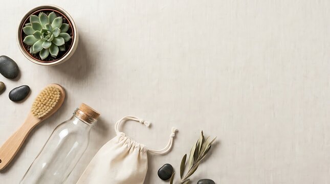 Eco friendly spa and wellness flat lay with succulent plant and natural bath accessories