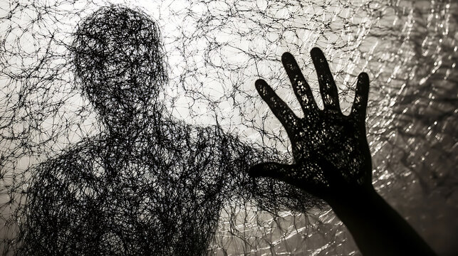 Silhouette of a person behind textured glass with a hand reaching outward.