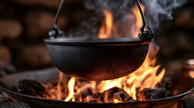 Cast iron cauldron hangs over a rustic fire pit, boiling water above glowing embers as steam rises into the outdoor night, evoking traditional campfire cooking and warmth