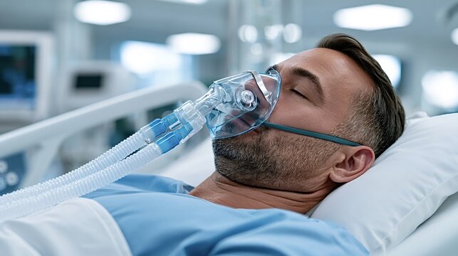 Male patient lying in hospital bed with oxygen mask connected to ventilator in an icu, receiving life support and critical respiratory care from medical staff