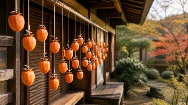 秋の縁側に吊るされた干し柿と紅葉のある日本の風景