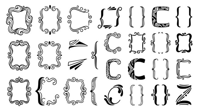 Decorative vintage frames and ornate bracket collection for border and text highlight designs isolated on transparent background