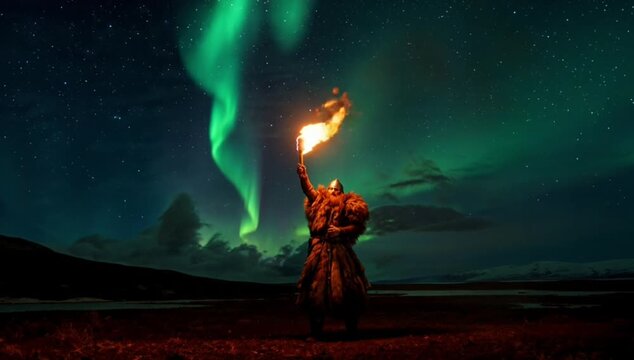 A Viking warrior holding a burning torch under the magnificent aurora borealis in a starry night sky with sparks flying in the dark wilderness
