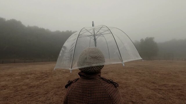 Woman in a coat holding a clear umbrella stands alone in a large, desolate field, gazing into the dense fog enveloping the distant forest, creating a melancholic and peaceful autumn scene
