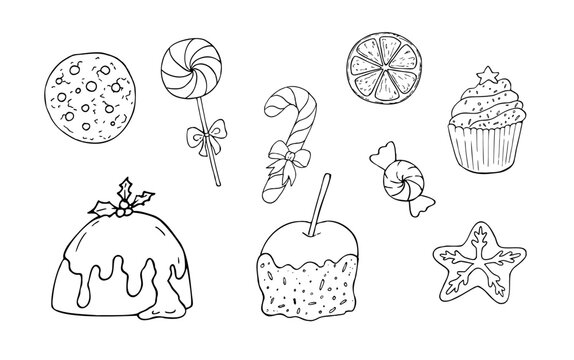 Vector Christmas sweets set with hand drawn holiday desserts. Minimalist graphic line art candy collection for New Year celebration isolated on white. Doodle bakery elements, pudding, candy cane, cupc