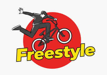 Fototapeta premium Dynamic BMX rider performing a trick in front of a red circle, bold text 