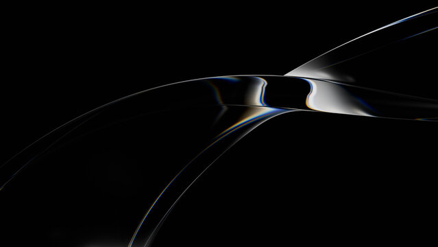 Abstract elegant glass wave with chromatic aberration, transparent twisting ribbon on black background with copy space. 3d rendering illustration not AI