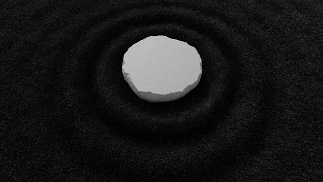 Round stone podium on black grass waves with copy space for product presentation. 3d rendering illustration not AI