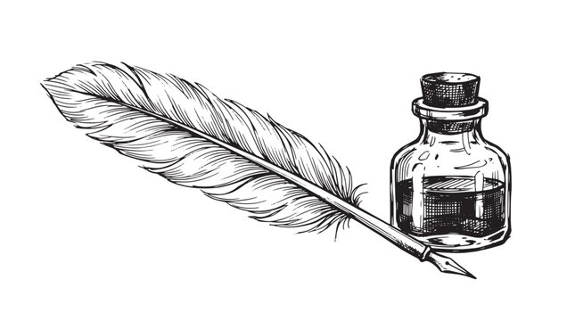 Vintage quill pen and inkwell vector illustration. Antique feather pen with glass ink bottle. Retro writing tools for calligraphy and literature.