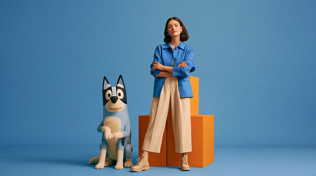 Joyful woman posing with Bluey mascot at a crowded family event convention.