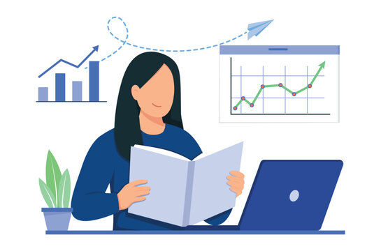 Isolated businesswoman reading document with growth charts and laptop flat vector illustration on transparent background for financial analysis.