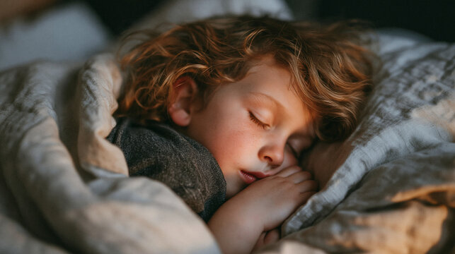 Sweet little girl sleeping deeply in bed with a soft modal blanket pulled up to her shoulders, touching the smooth fabric.
