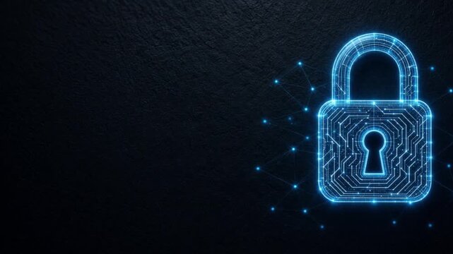Futuristic glowing blue digital padlock symbol with network nodes and dark minimalist copy space on left for cyber security headline